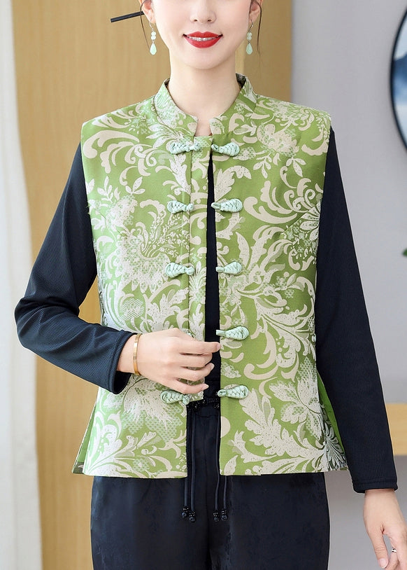 Green Stand Collar Print Button Silk Waistcoat Sleeveless
