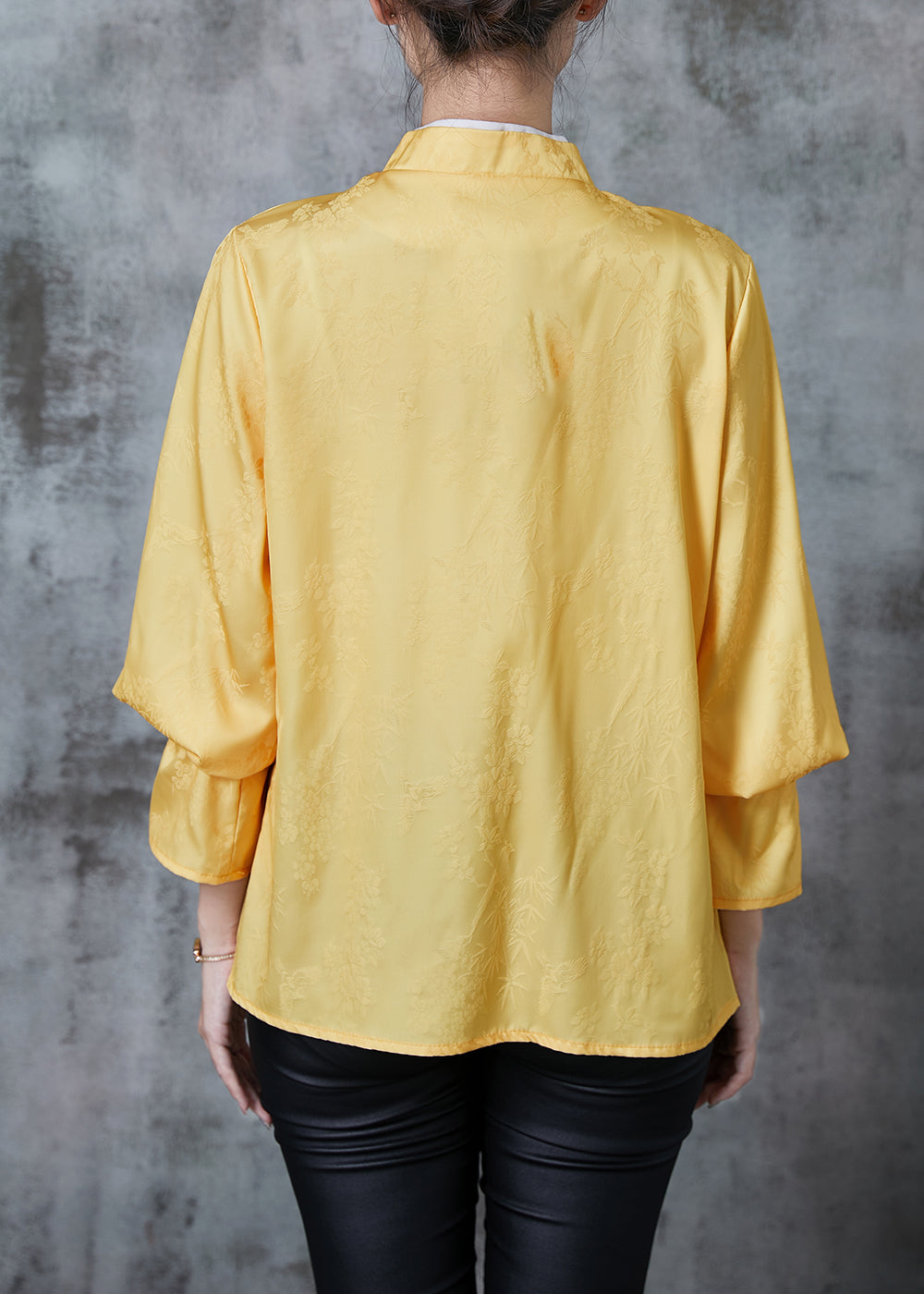 Yellow Mandarin Collar Jacquard Silk Shirt Tops Fall