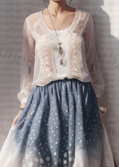 White Print Hollow Out Silk Robe Dresses Summer