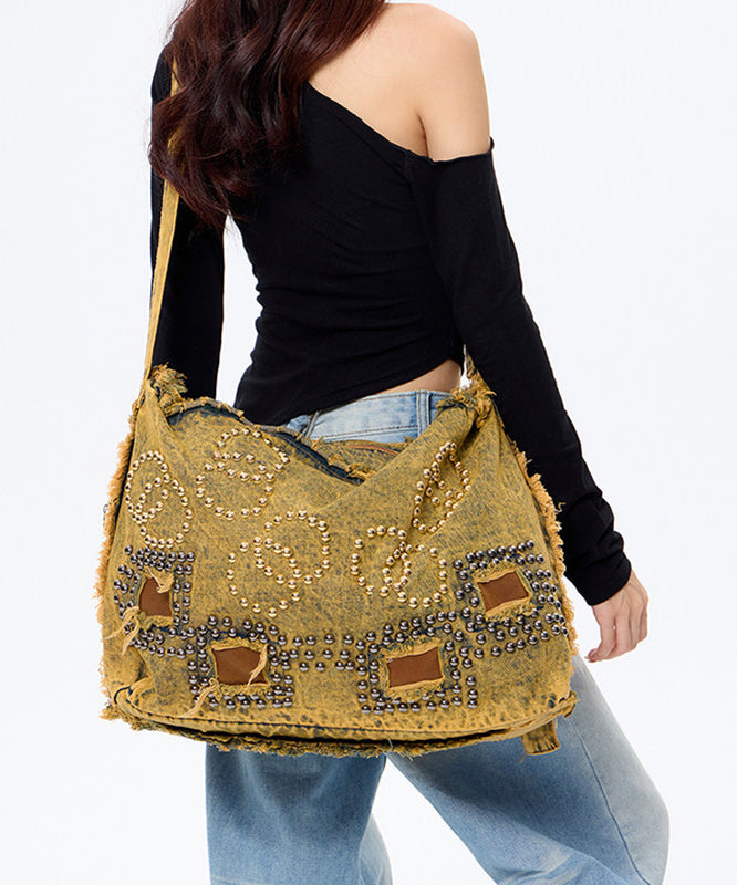 Brown Rivet Large Capacity Applique Denim Messenger Bag