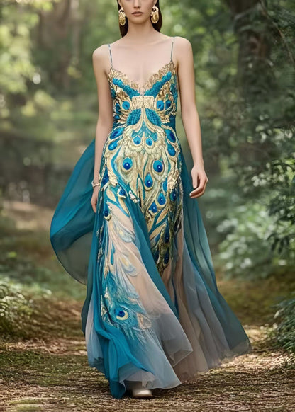 Peacock Blue Print Exra Large Hem Chiffon Holiday Dress Summer