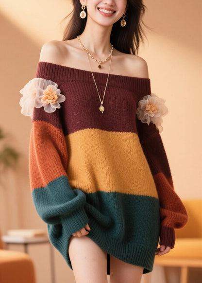 Handmade Colorblock Cold Shoulder Patchwork Knit Sweater Fall