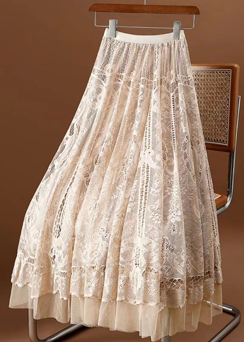 Purple Wrinkled Hollow Out Lace High Waist Skirt Spring
