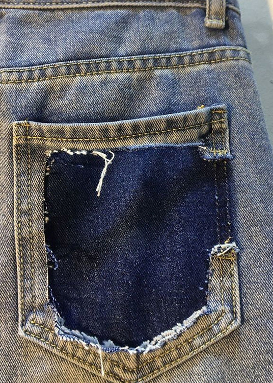 Unique Blue Nail Bead Patchwork High Waist Ripped Shorts Jeans Summer