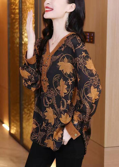Orange V Neck Print Patchwork Cotton Top Fall