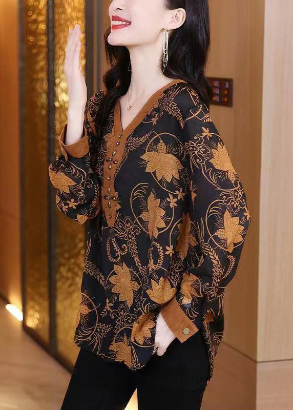 Orange V Neck Print Patchwork Cotton Top Fall