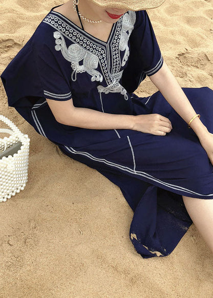 Italian Blue Embroideried Side Open Kimono Robe Maxi Dresses Summer Cotton