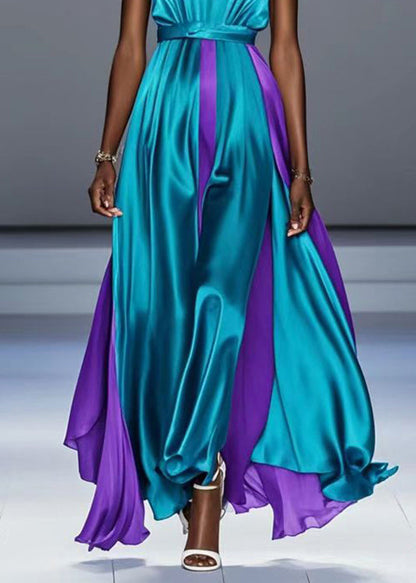 Green Asymmetrical Patchwork Exra Large Hem Silk Long Dress Summer