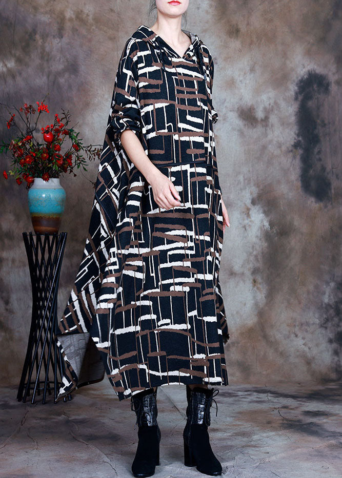 Chocolate Knit Asymmetrical Design Fall Hoodie Dresses
