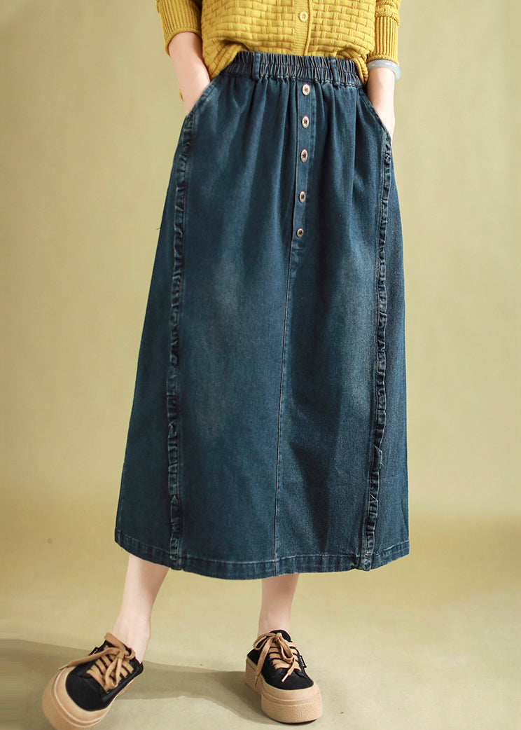 Blue Ruffled Button Denim a Line Skirt Spring