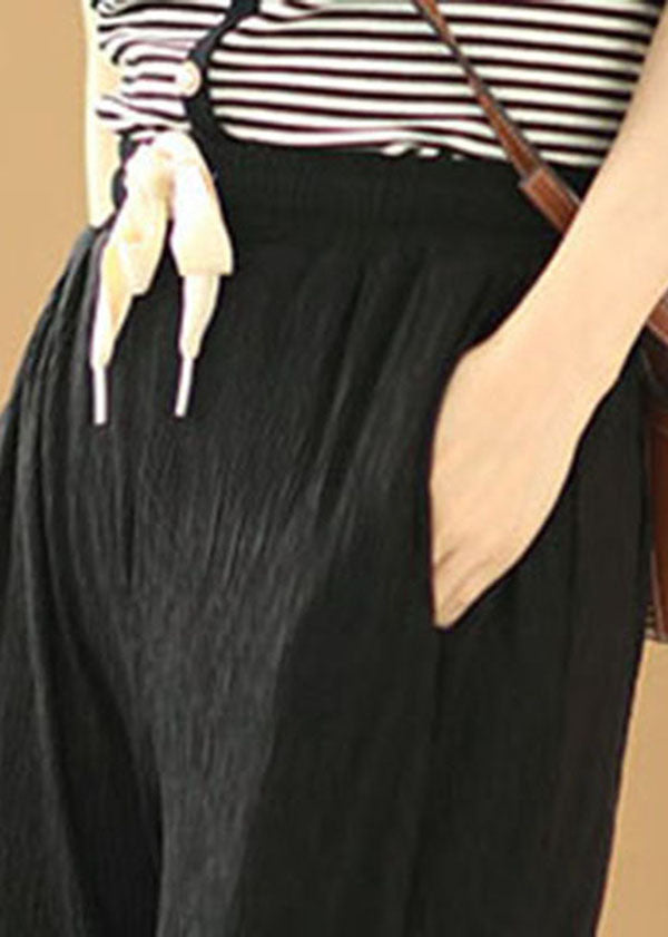 Black Elastic Waist Drawstring Pockets Beam Pants Summer