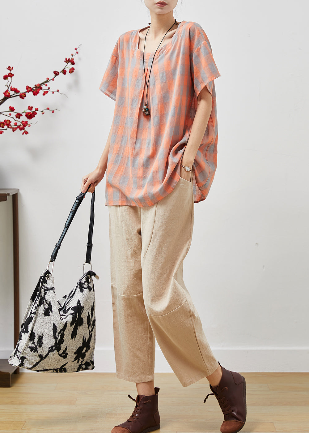 Orange Plaid Fine Linen Two Pieces Set O-neck Oversized Summer