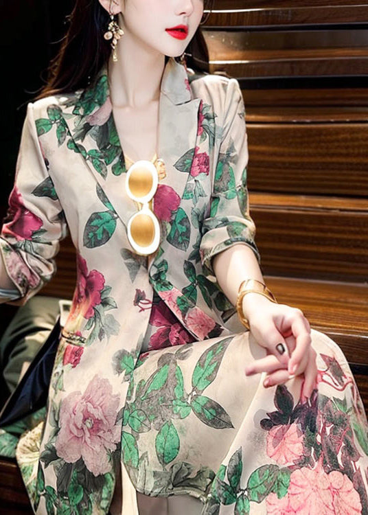 Peter Pan Collar Print Silk Two Pieces Set Fall