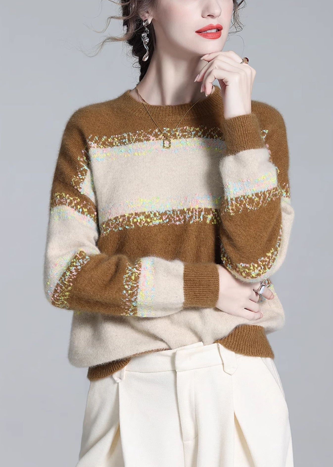 Yellow O Neck Striped Cashmere Knit Sweaters Winter