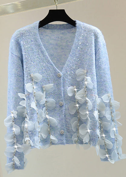 Blue V Neck Sequins Nail Bead Tassel Cotton Knit Sweater Tops Winter