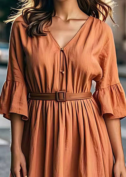 Brick Red V Neck Tie Waist Cotton Long Dresses Summer