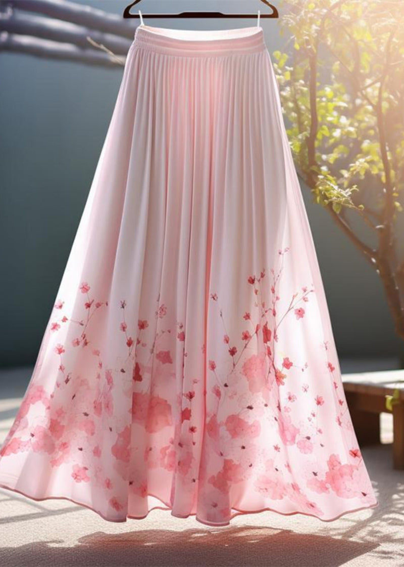 Pink Print Elastic Waist Chiffon Skirt Summer