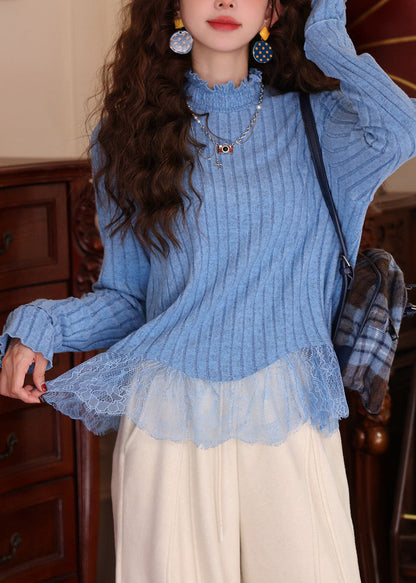 Blue Ruffled Lace Patchwork Knit Top Spring