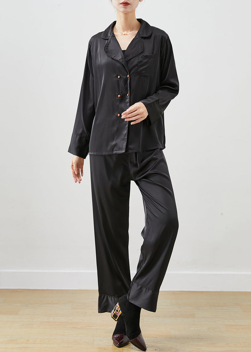 Black Peter Pan Collar Double Breast Ice Silk Two Piece Set Clothing Fall