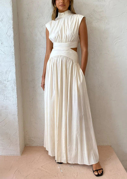 New White Hollow Out Wrinkled Pockets Cotton Maxi Dresses Summer