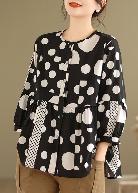 Black Dot Patchwork Button Shirt Spring