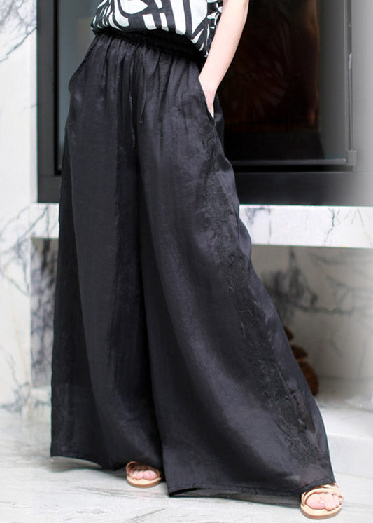 Modern Black Pockets Embroideried Elastic Waist Linen Wide Leg Pants Summer