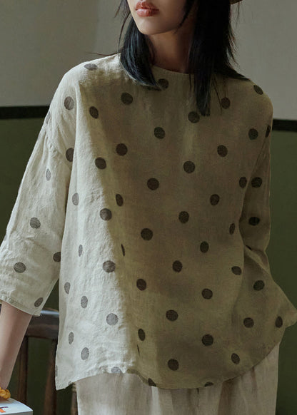 O Neck Dot Jacquard Linen Blouse Tops Bracelet Sleeve