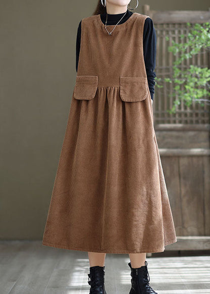 Loose Light Orange O-neck Patchwork Corduroy Party Dress Sleeveless Spring