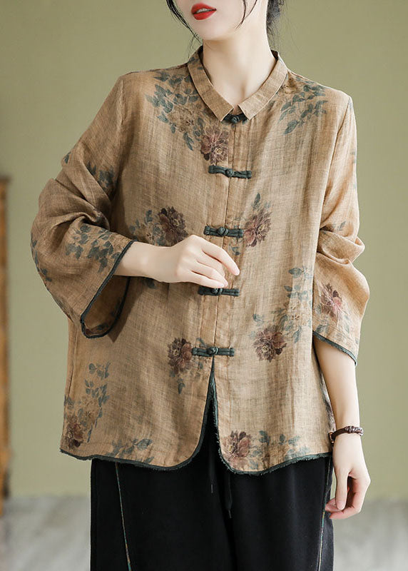 Coffee Peter Pan Collar Print Button Shirt Fall