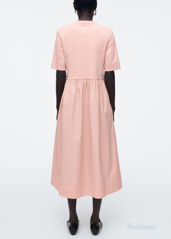 Simple Pink Silm Fit Cotton a Line Dress Summer