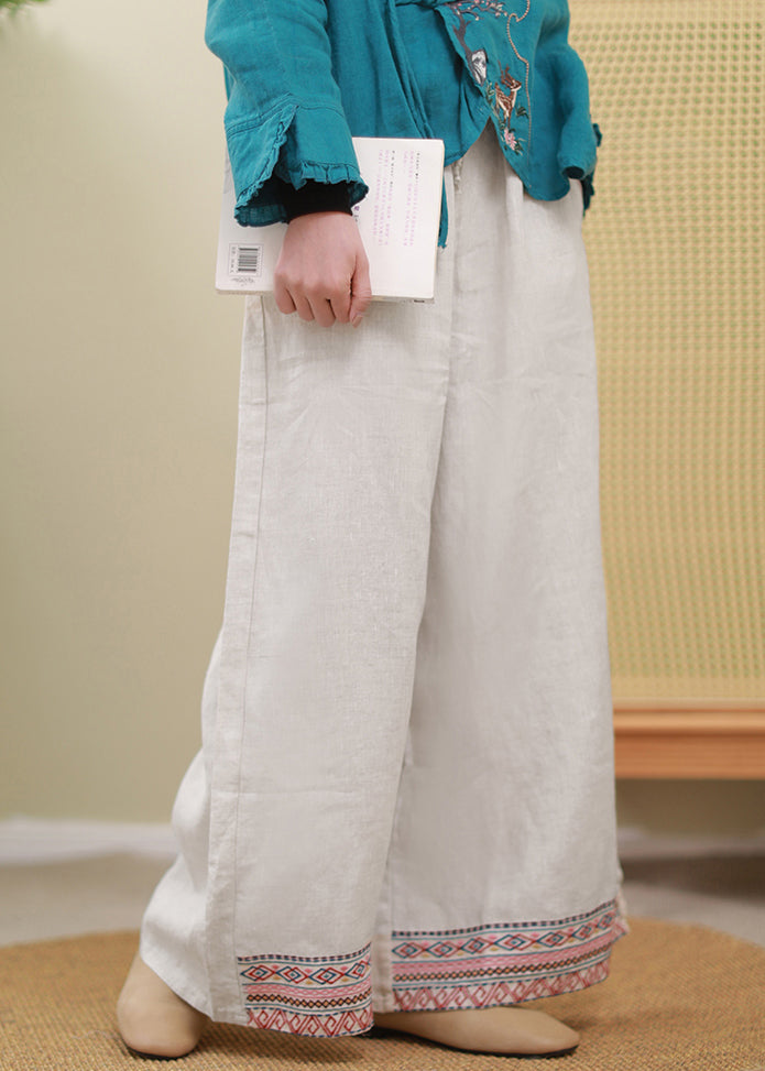 Boutique Linen Colour Elastic Waist Drawstring Embroideried Pockets Linen Pants Spring