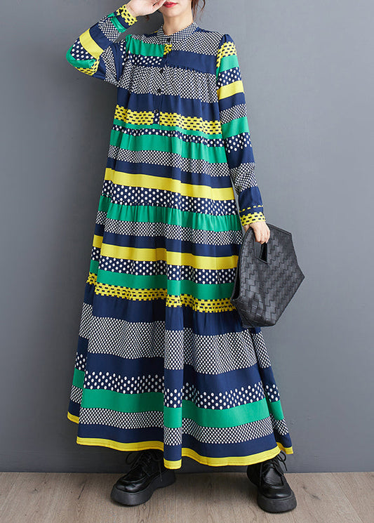 Green Stand Collar Print Patchwork Chiffon Dress Long Sleeve