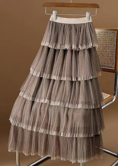 Coffee Wrinkled Layered Elastic Waist Tulle Skirt Spring