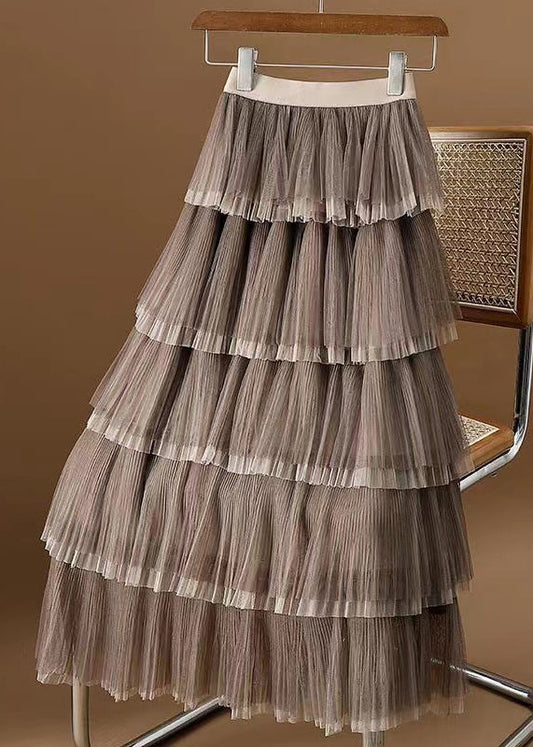 Coffee Wrinkled Layered Elastic Waist Tulle Skirt Spring
