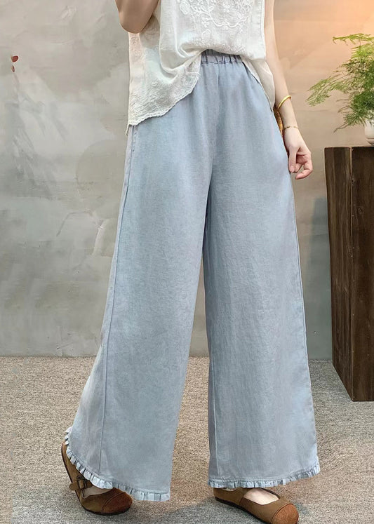 Light Blue Linen Wide Leg Pants Ruffled Summer