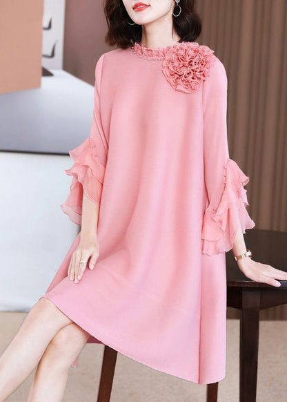 Pink Stand Collar Nail Bead Vacation Dresses Petal Sleeve