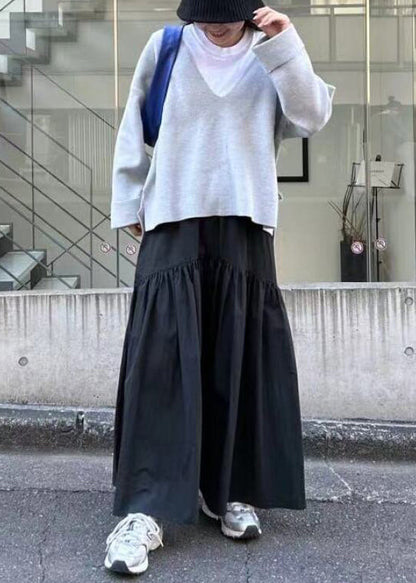 Classy Black Elastic Waist Patchwork Cotton Skirt Fall