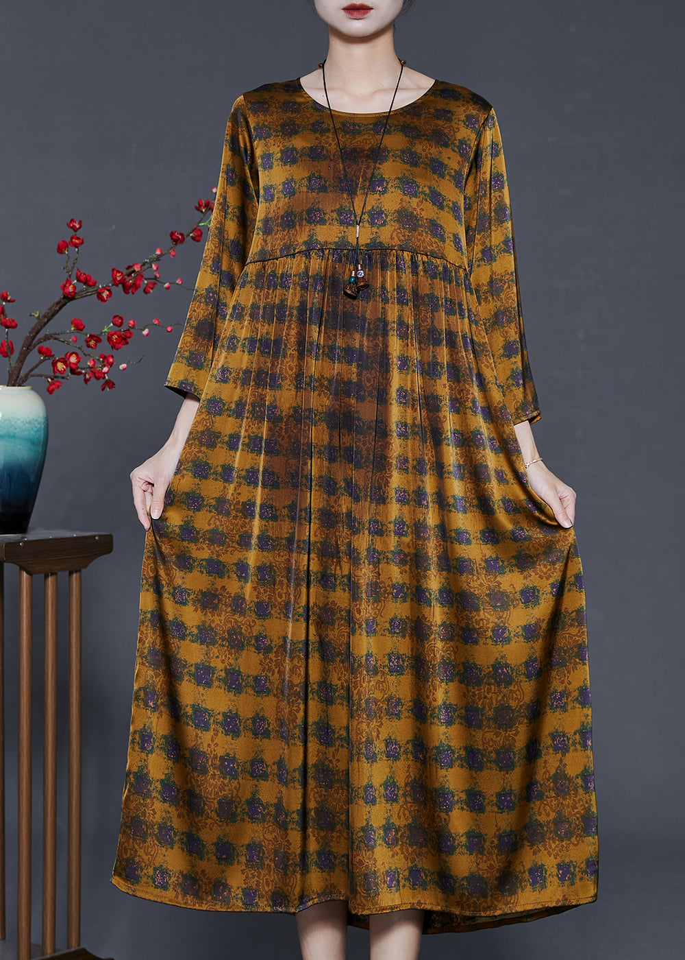 Golden Oversized Print Silk Dress Summer