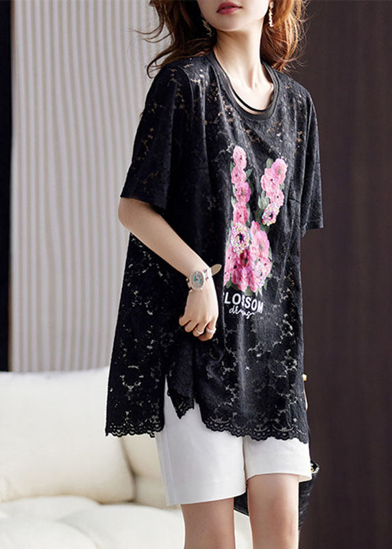 Black O-neck Print Hollow Out Lace Top Short Sleeve