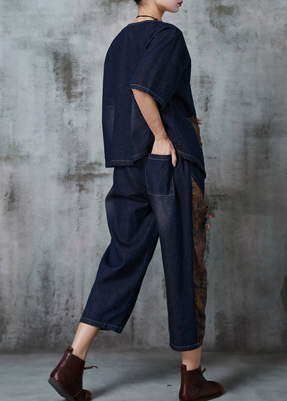 Navy Asymmetrical Patchwork Denim Two Piece Set Spring