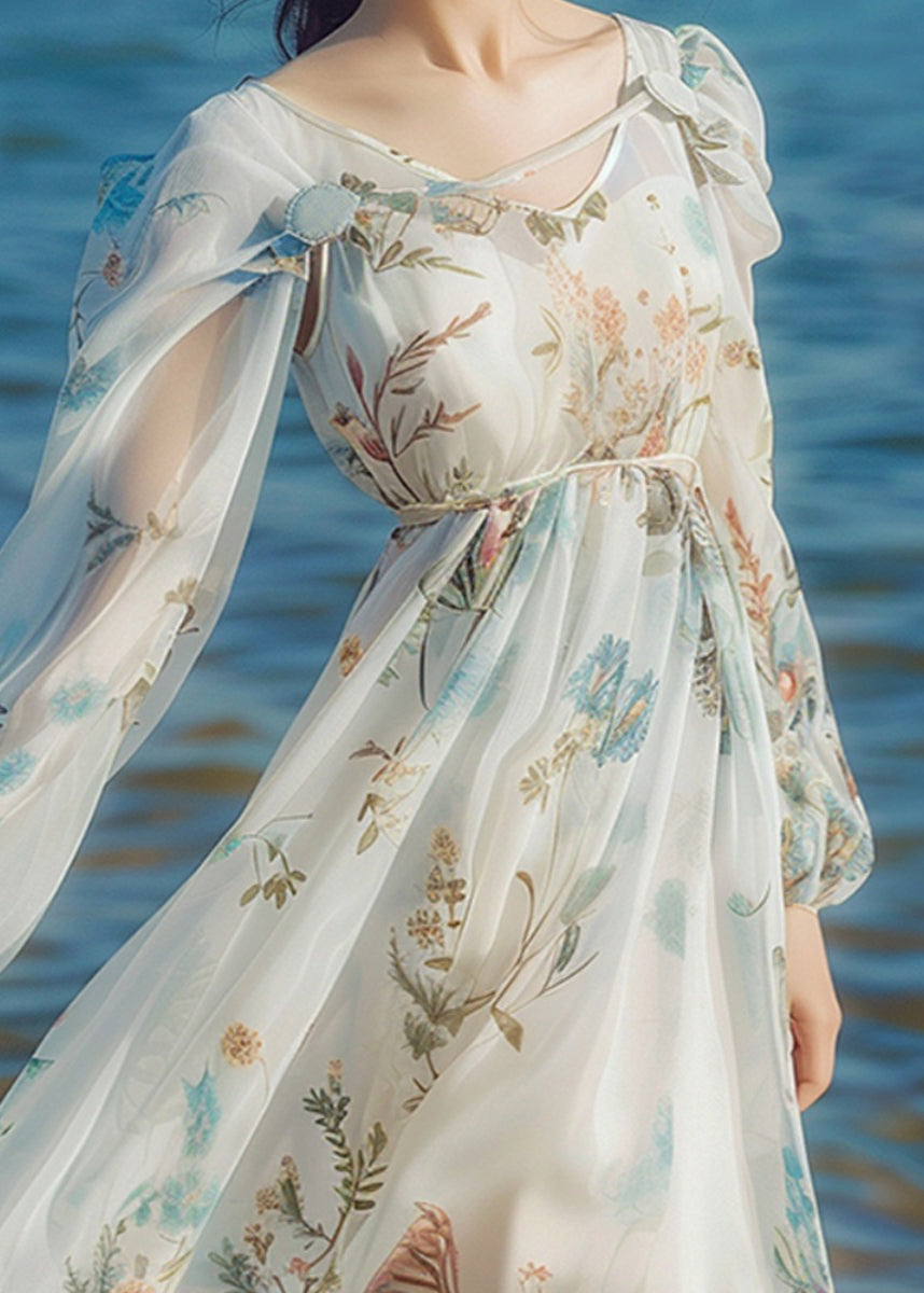 Light Blue V Neck Print Chiffon Long Dress Long Sleeve