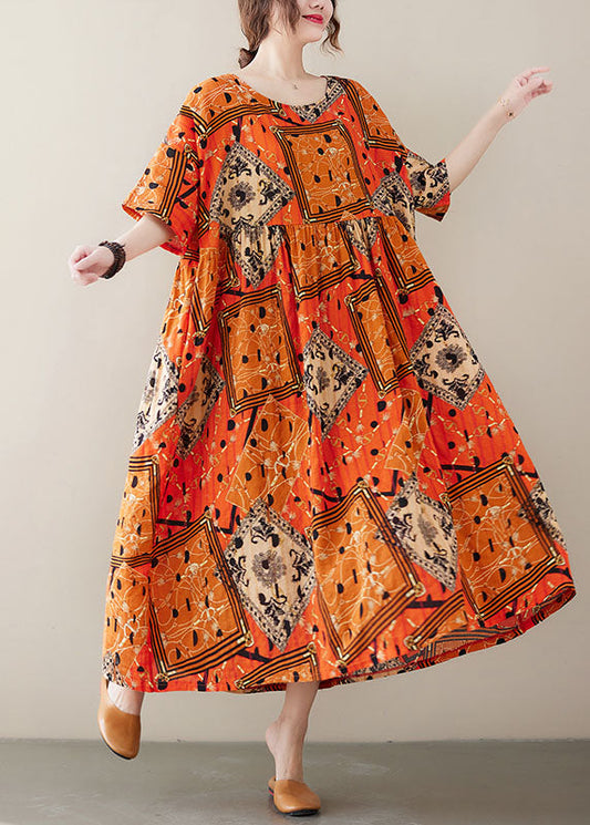 Orange Wrinkled Print Exra Large Hem Cotton Holiday Dress Short Sleeve
