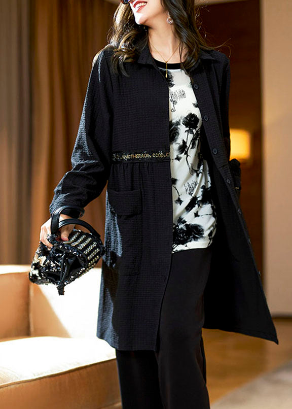 Coffee Peter Pan Collar Pockets Plaid Patchwork Long Coats Long Sleeve
