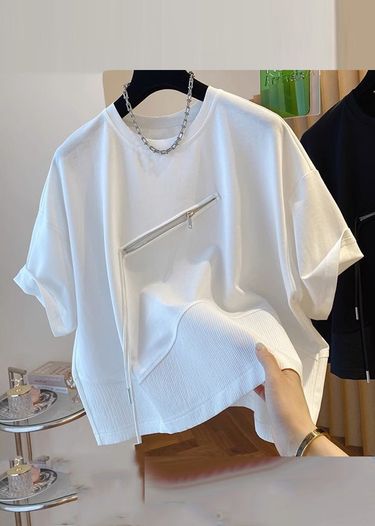 Black O-neck Asymmetrical Patchwork Zippered T Shirts Short Sleeve