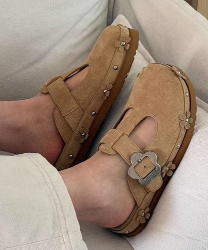 Splicing Platform Khaki Faux Leather Slide Sandals
