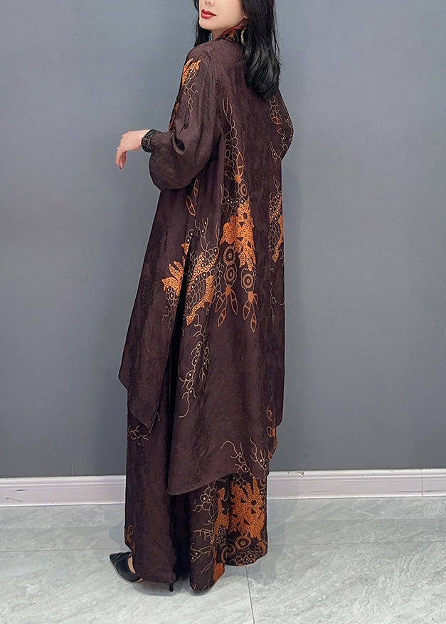 Brown Stand Collar Print Button Shirts and Wide Leg Pants Two Pieces Set Spring