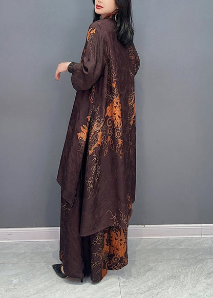 Brown Stand Collar Print Button Shirts and Wide Leg Pants Two Pieces Set Spring