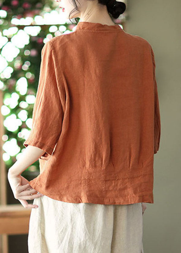 Orange Patchwork Linen Shirt Top Bracelet Sleeve