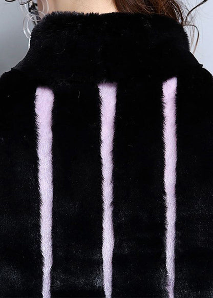 Black Oversized Patchwork Striped Faux Fur Coats Winter