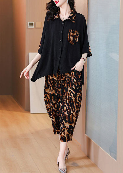 Leopard Button Pockets Chiffon Sets 2 Pieces Half Sleeve